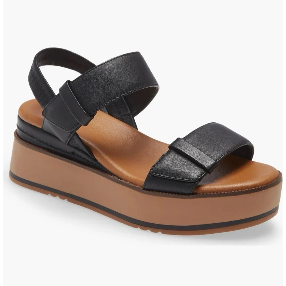 Caslon Brian Women's Black Leather Platform flatform slingback Sandals NEW